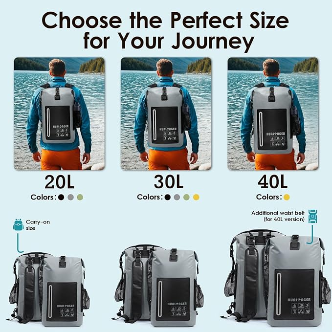 Waterproof Backpack 20L/30L/40L- Roll Top Closure Bag - Hiking Backpack - Lightweight Durable Floating Dry Bag with IPX8 Waterproof Phone Case