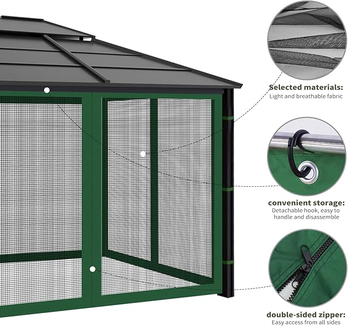 Gazebo Replacement Mosquito Netting Outdoor Universal Gazebo Canopy 4-Panels Screen Sidewalls with Zipper for Patio Garden (Green, 10x12)