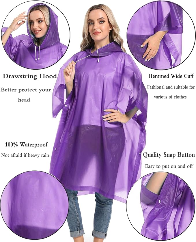 Reusable Rain Ponchos with Drawstring Hood for Adults, Waterproof Thicken Rain Coat, 2 Packs