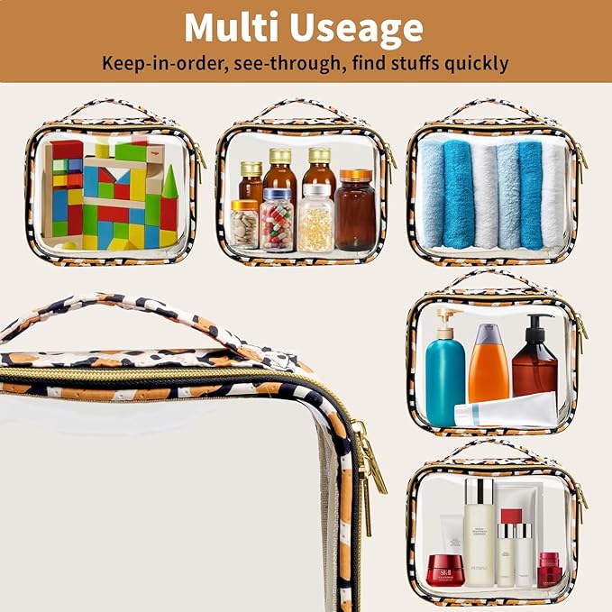 TSA Approved Travel Toiletry Bag,4 Pack Clear Makeup Bags with Handles,Quart Size Clear Cosmetic Bags for Traveling Women,Men,Carry on Airport Airline Compliant Bag,Leopard