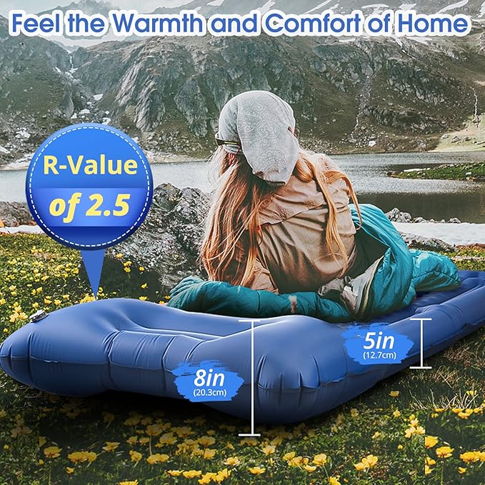 Camping Sleeping Pads，Extra Thick 5 Inch Inflatable Sleeping Mat with Pillow Built-in Pump，Oversized Mattress Super Portable Backpacking Sleeping Pad (Blue, Single)