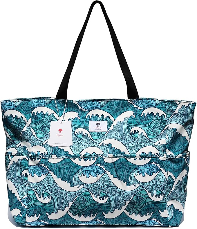 ESVAN Large Foldable Beach Bag for for Women with Dry Wet Compartment Waterproof Sandproof Travel Gym Picnic Handbag