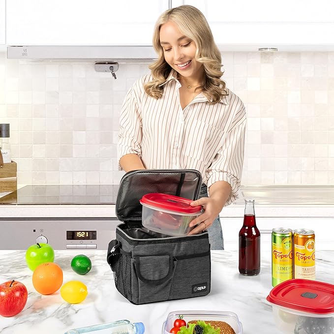 opux Insulated Lunch Bag for Men Women, Leakproof Charcoal Grey Lunch Box for Work, Portable Soft Lunch Cooler Bag with Shoulder Strap, Adult Lunchbox Lunch Pail for Kid Boy Girl School, 14 Can/8L