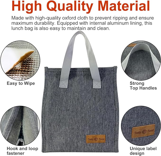 Mziart Minimalist Lunch Bag, Reusable Insulated Lunch Bag for Women Men Lunch Box Container Leakproof Simple Bento Lunch Tote Adults Lunch Cooler Bag for Work Office Picnic or Travel (Grey)