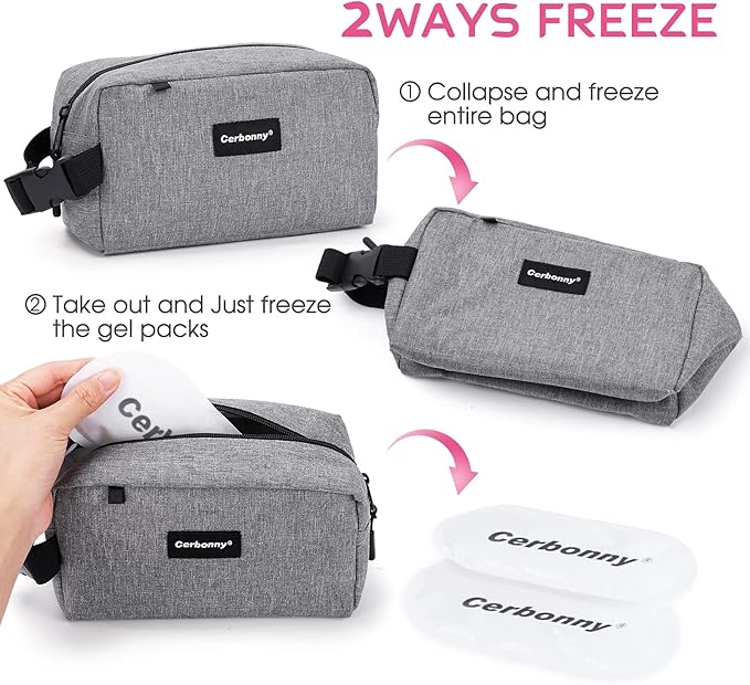 Cerbonny Cooler Bag Freezable Lunch Bag for Work School Travel,Leak-proof Small Lunch Bag,Small Insulated Bag For Kids 3+/Adults,Freezer Lunch Bags,Freezable Snack Bag,Grey