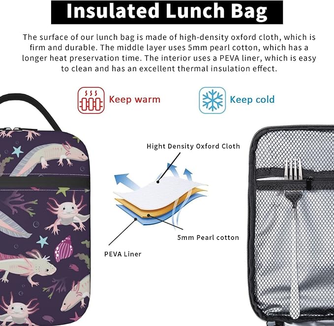 Axolotl Lunch Box Lunch Box Reusable Insulated Totes Lunch Bag Thermal Cooler For Boy Girls School Men Women Beach Picnic Travel