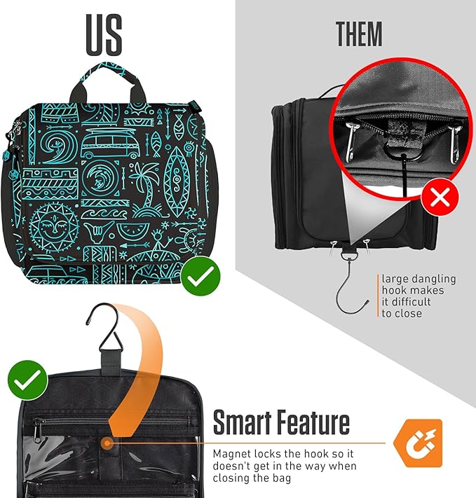 VENTURE 4TH Hanging Travel Toiletry Bag for Women & Men - Travel Organizer with Expandable Compartments & Removable Clear Pouch for Toiletries (Surfing Vibes)