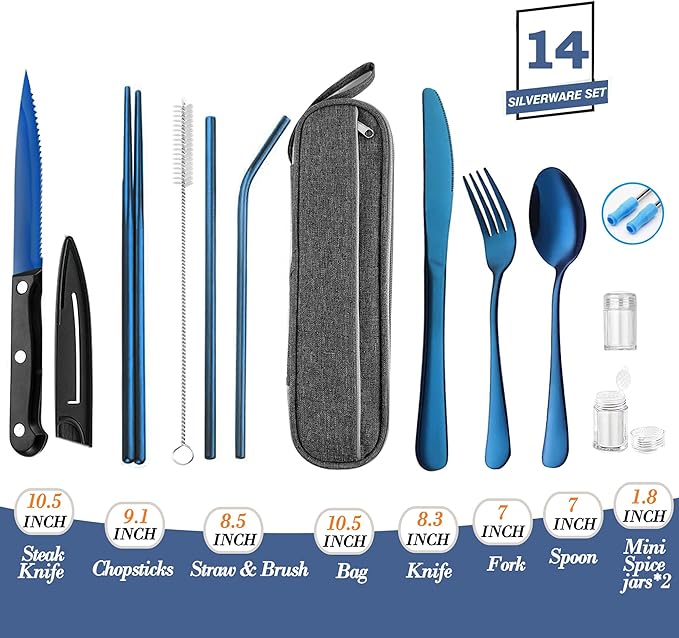 Portable Reusable Travel Utensils Silverware With Case, Camping Cutlery Set, Chopsticks and Straw, Flatware With Case, Stainless Steel Top (Blue)