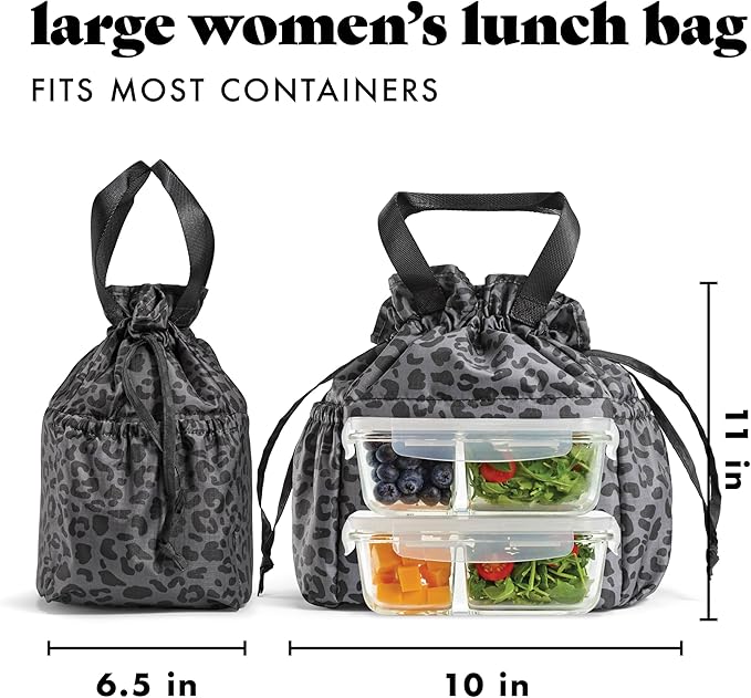 Fit & Fresh Lunch Bag For Women, Insulated Womens Lunch Bag For Work, Stain-Resistant Large Lunch Box For Women With Containers, Cinch Closure Cromwell Bag, Black Cheetah