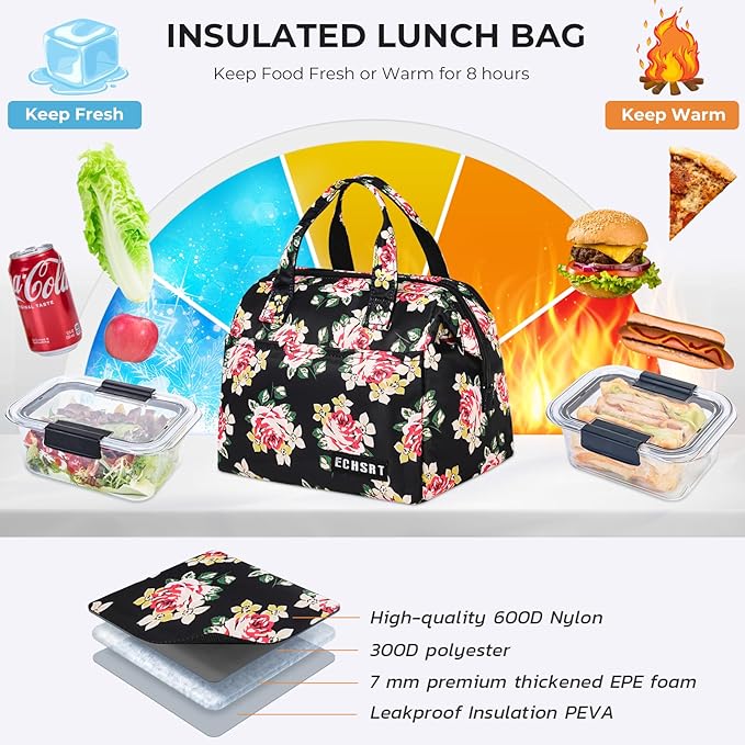 ECHSRT Large Insulated Lunch Bag for Women Men Leakproof Cooler Lunch Tote Bags for Work Travel Adult Thermal Lunchbox for Office -10L Rose Print