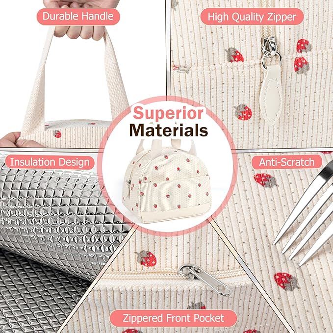 Lunch Box Lunch Bag for Women Men, Leakproof, Insulated Lunch Box Tote with Large Capacity, Lunch Container for Work/Office (Corduroy Strawberry)