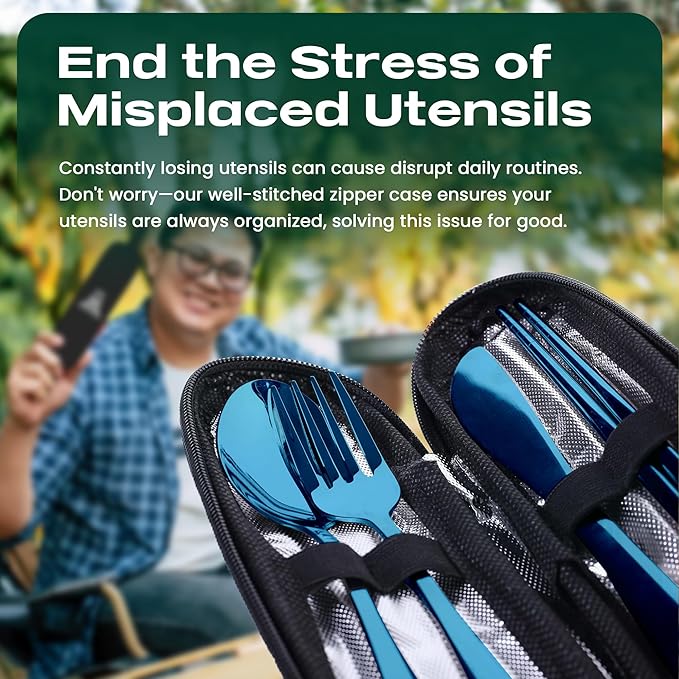 Portable Travel Silverware Set With Case, Includes 5 Pcs of Travel Utensils With Case, Stainless Steel Flatware Set For Camping, Easy to Travel, Lightweight (Blue)