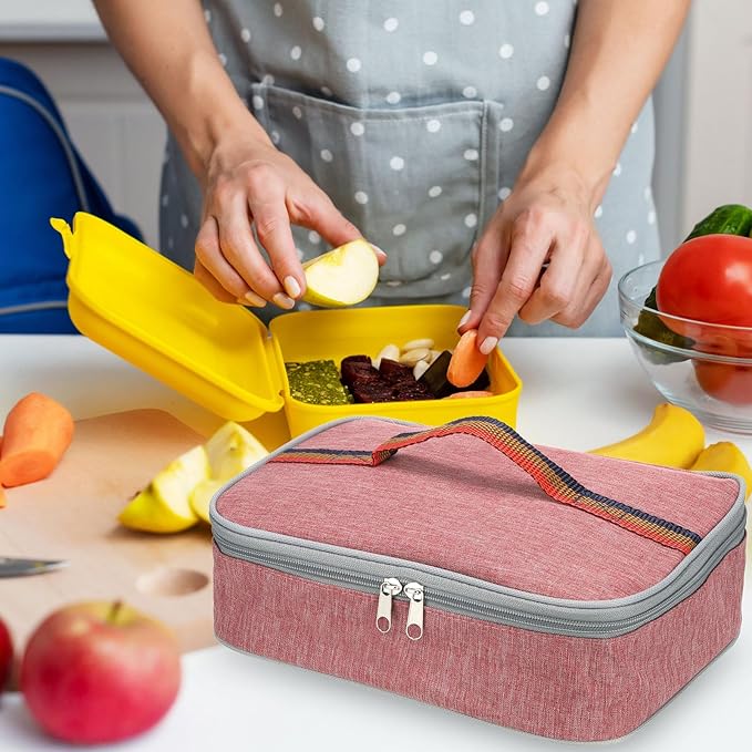 PATIKIL 12"x9"x3" Insulated Lunch Bags, Portable Food Containers Bag Flat Bento Bags Reusable Thermal Lunch Pail for Men and Women, Pink