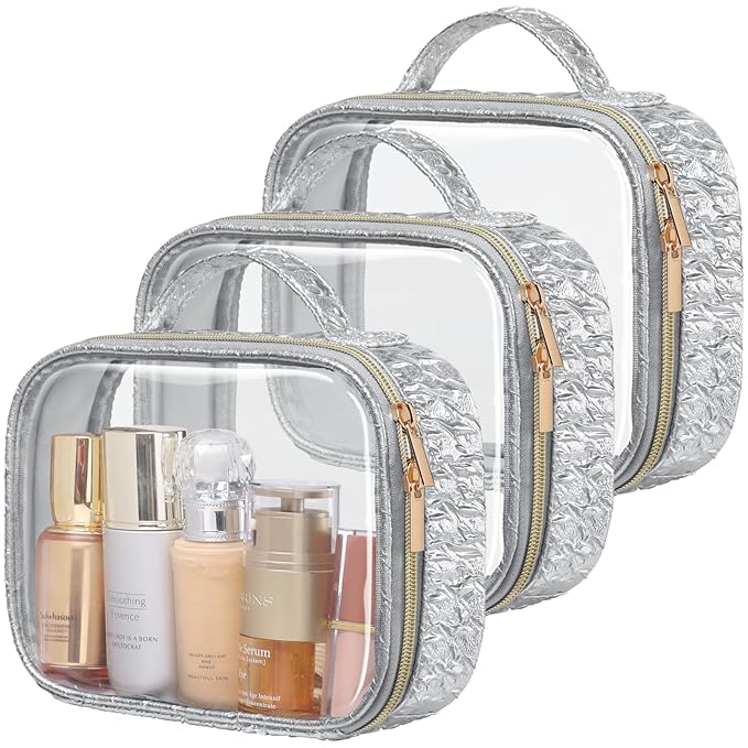 PACKISM TSA Approved Toiletry Bag - Ruched Textured Clear Makeup Bag, Metallic Silver, with 180° Large Opening and Supporting Frame, Perfect for Travel Essentials, Thick No Smell