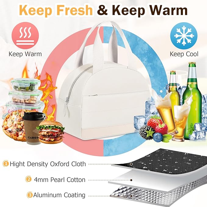 Lunch Box Lunch Bag for Women Men, Leakproof, Insulated Lunch Box Tote with Large Capacity, Lunch Container for Work/Office (Beige)