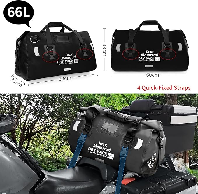 Waterproof Duffel Bag for Men/Women, Roll-top Dry Backpack Duffel Bag with Quick-fixed Straps, Motorcycle Tail Saddle Bag for Motorcycling, Rafting, Boating, Kayaking, Travel, 66L-Black