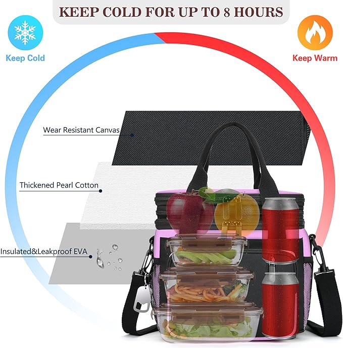 Lunch Bag Women & Lunch Box for Women, Large Insulated Adult Lunch Box, Leakproof Cooler Lunchbox with Bottle Opener for Work Picnic Beach, 16L, Pink