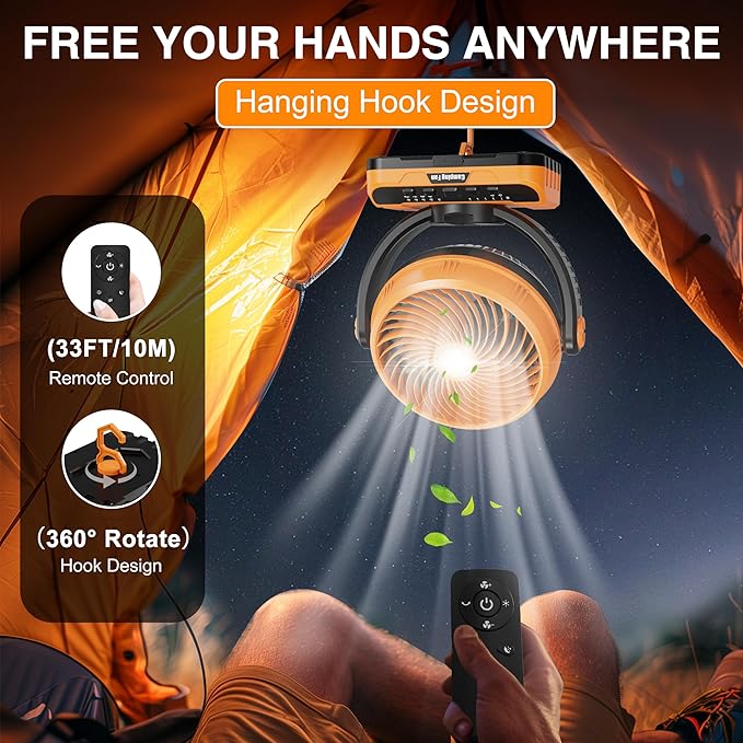 Camping Fan with LED Lantern, 40000mAh Rechargeable Battery Operated Outdoor Tent Fan with Light & Hanging Hook, 5 Speeds, Personal USB Desk Fan for Camping, Power Outage, Hurricane, Jobsite