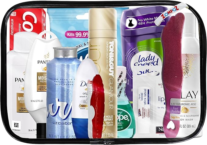 Womens Travel Toiletry Kit, 13 Travel-Size Hygiene Essentials for Bath, Shaving, Personal Care in TSA-Compliant Transparent Bag, Mini Toiletries Kit for Business, Charity, Gift for Her