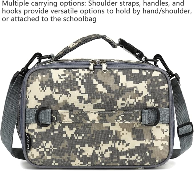 FlowFly Kids Lunch Bag, Durable Insulated School Lunch Box with Shoulder Strap and Bottle Holder, Water-resistant Thermal Small Lunch Cooler Tote for Teen Boys & Girls,Digital#Camo