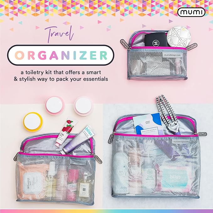MUMI Travel Toiletry Bag Set of 3 – Clear TSA Approved Toiletry Bags for Women – Reusable Water-Resistant Makeup Organizer Pouches for Skincare, Cosmetics, Travel Accessories, Airport Packing - Pink
