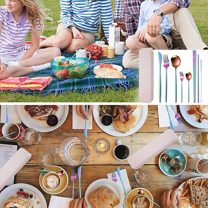 AARAINBOW 8 Pieces Stainless Steel Flatware Set Portable Reusable Cutlery Set Travel Utensils Set Including Chopsticks Knife Fork Spoon Straws Cleaning Brush Dishwasher Safe (Multicolored)
