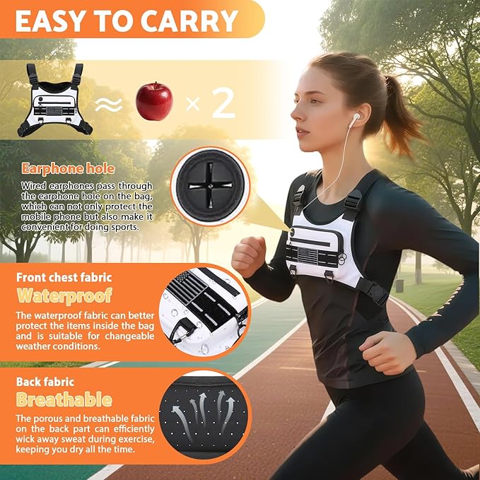 Sports Chest Bag For Men Women, Water Resistant Lightweight Front Chest Pack, Running Vest Bag With Built-In Phone Holder & Extra Storage For Workouts, Running, Cycling (White)