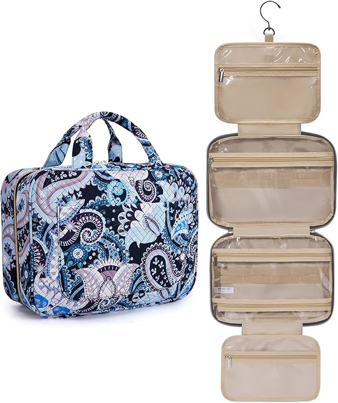 BAGSMART Toiletry Bag Travel Bag with Hanging Hook, Water-resistant Makeup Cosmetic Bag Travel Organizer for Accessories, Shampoo, Full Sized Container, Toiletries (Blue Paisley, Large)