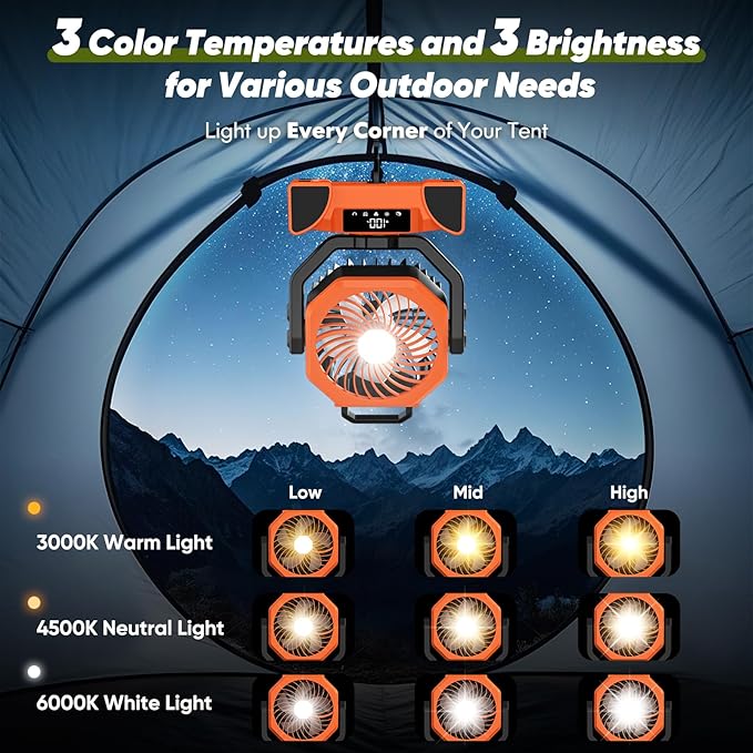 Portable Rechargeable Fan, 20000mAh Battery Powered Fan with LED Light, Camping Fans for Tent Remote Control, 5 Speed & Hook, 10-inch Outdoor Cordless Fans for Travel,Home,Beach, Power Outage - Orange