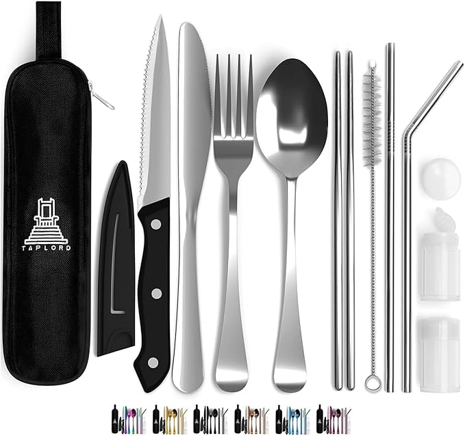 Portable Travel Silverware Set With Case, Includes 10 Pcs of Travel Utensils With Case, Stainless Steel Flatware Set For Camping, Lightweight (Silver)