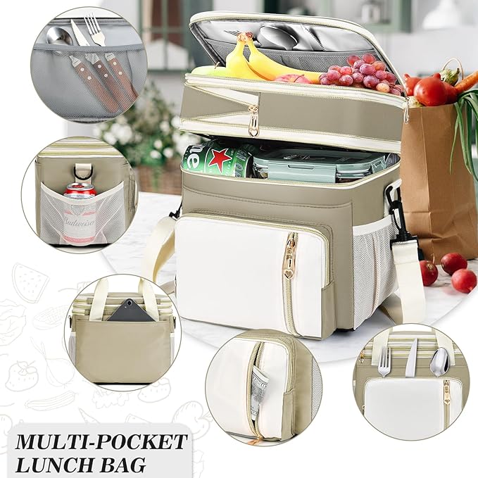 Lunch Box & Lunch Bag for Women Men, Large Insulated Adult Lunch Box Leakproof Lunchbox Cooler Bag for Work Picnic Beach,16L, Beige & White
