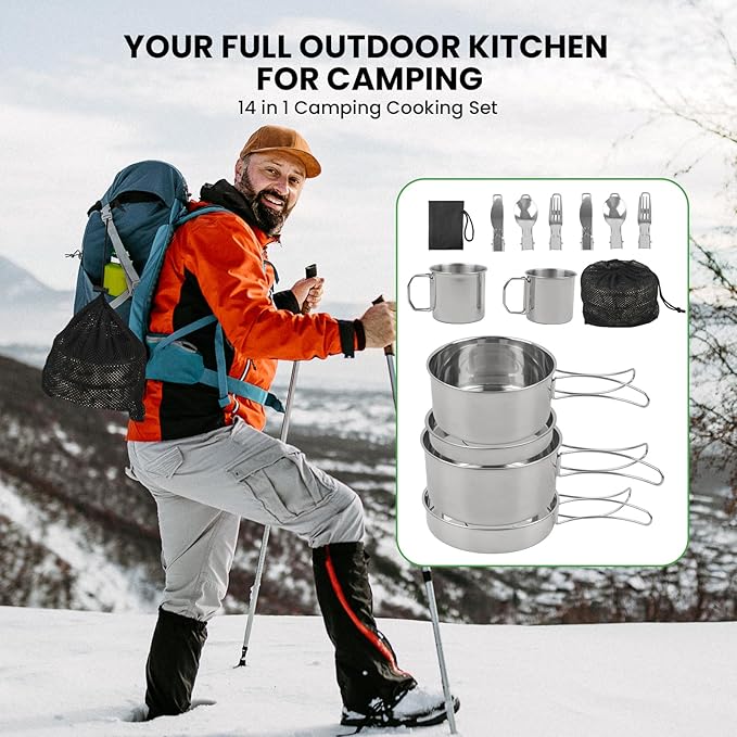 Camping Cookware Mess Kit Outdoor: GEEKHOM 14PCS Stainless Steel Camping Pots and Frying Pans, All-in-One Portable Camp Cookset Grilling Tools for Backpacking & Campfire (1-2 Person)