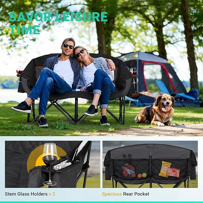 Overmont Oversized Double Camping Chair - 2 Person Comfort Couch Chair Loveseat for Adults - Heavy Duty Lawn Chairs with Cooling Bag&Wine Racks - Support 850LBS Black