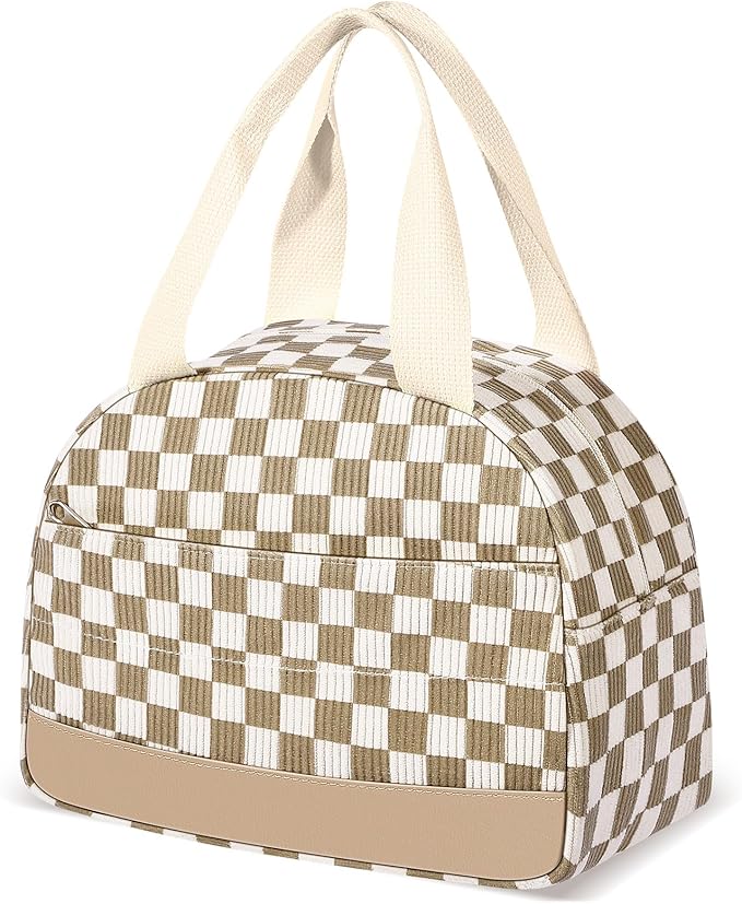 Lunch Box Lunch Bag for Women Men, Leakproof, Insulated Lunch Box Tote with Large Capacity, Lunch Container for Work/Office (Corduroy Khaki Grid)