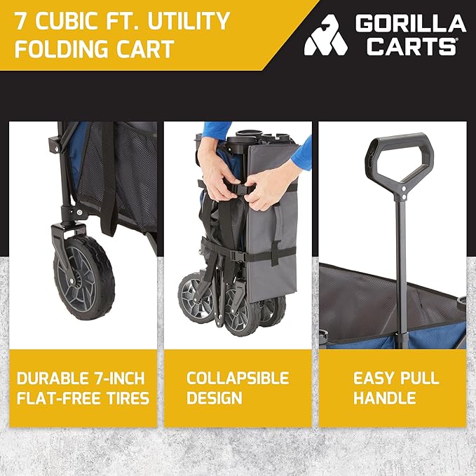 Gorilla Carts Foldable Wagon, Heavy Duty Collapsible Cart with Wheels, 7 Cu Ft, Blue - Portable Folding Utility Wagon for Groceries, Shopping, Beach, and Sports