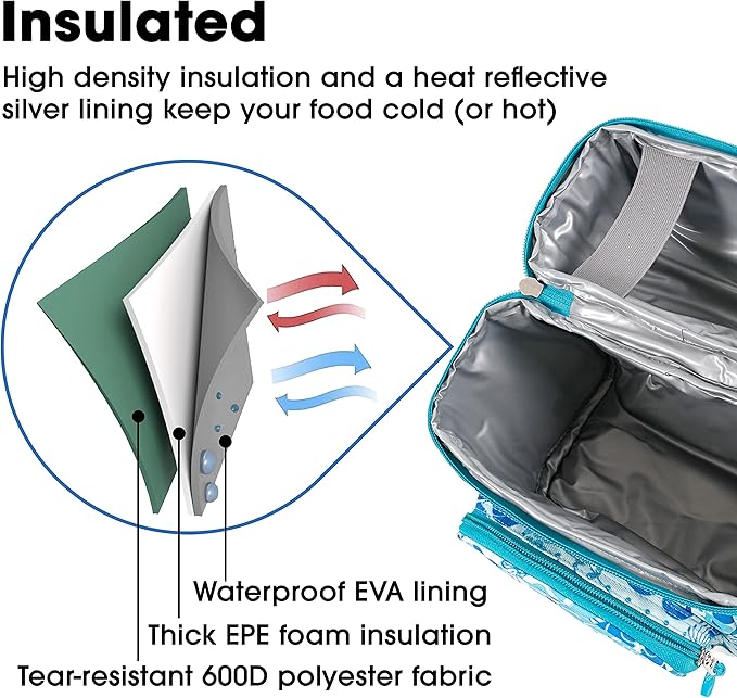 J World Corey Kids Lunch Bag. Insulated Lunch-Box for Girls, Women, Blue Vine