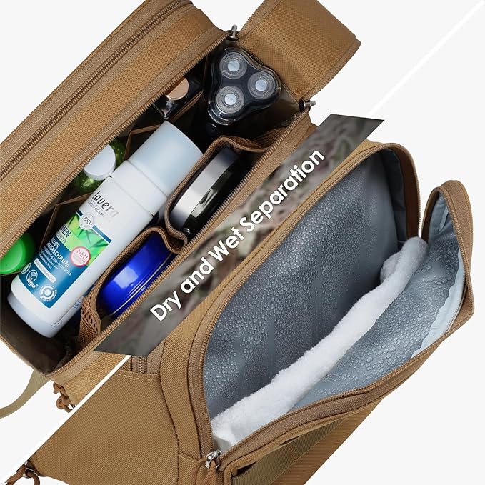 TACTICISM Toiletry Bag for Men - Extra Large Dry Wet Separate Travel Toiletry Bag, Tactical Molle Dopp Kit for Men, Water-Resistant Shaving Bag for Travel Camping Gym, Brown