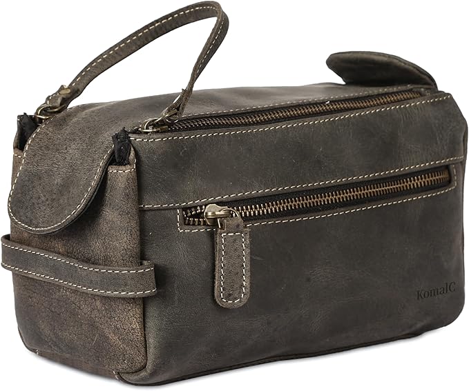 KomalC Premium Buffalo Leather Unisex Toiletry Bag Travel Dopp Kit