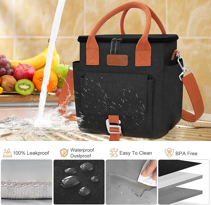 Joymee Insulated Lunch Bag for Women/Men, Waterproof Lunch Box for Office Work Picnic Beach, Reusable Large Leakproof Cooler Tote Bag with Adjustable Shoulder Strap & Side Pocket, Black
