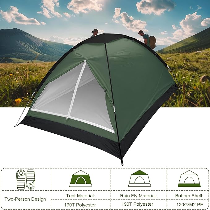 2-Person Camping Dome Tent, Lightweight Waterproof Backpacking Tent with Weather-Resistant Rainfly & Carry Bag, Compact Outdoor Shelter for Hiking, Fishing, Beach Tents for Camping