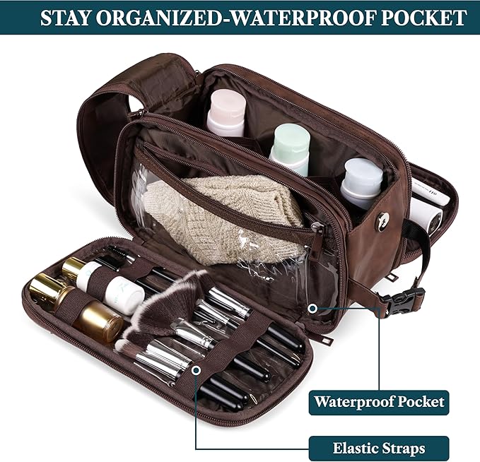 PAVILIA Toiletry Bag for Men Women, Mens Travel Bag Toiletries Organizer Case for Grooming, Travel Essentials Shaving Dopp Kit, PU Leather Water Resistant Cosmetic Pouch, Dark Brown