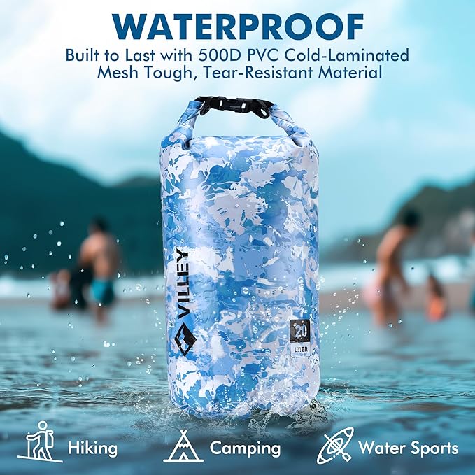 VILLEY Dry Bag Waterproof 5L Roll Top Sack Keeps Gear Dry Lightweight Dry Sack for Kayaking Boating Camping Swimming and Beach Adventures Blue Camo