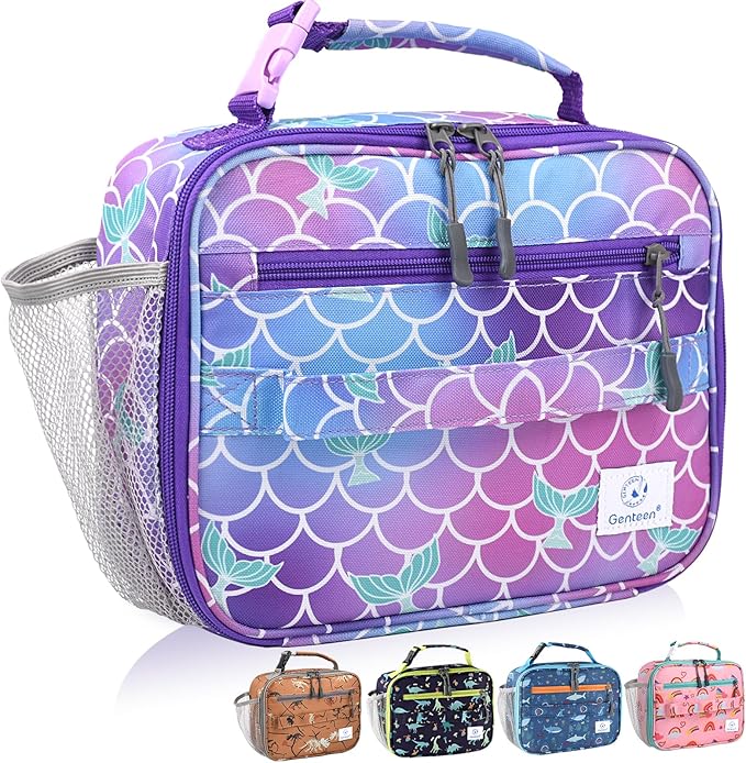Genteen Lunch Box Kids, Prints Insulated Lunch Bag Kids Boys Girls,Soft Bag Mini Cooler Back to School Thermal Meal Tote Kit Lunch Box for School,Work,Outdoor (Mermaid)