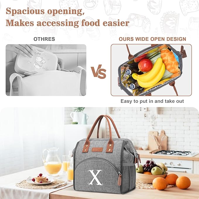 Initial Lunch Bag Women Insulated Lunch Box Wide-Open Tote Bag Large Drinks Holder Durable Nylon Thermal Snacks Organizer for Work, Travel, Picnic Personalized Gifts for Women/Teacher
