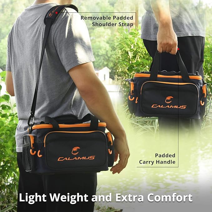 Calamus Fishing Tackle Bags - Fishing Bags for Saltwater or Freshwater Fishing - Rip-Stop PE - Padded Shoulder Strap - Pliers Storage -Orange