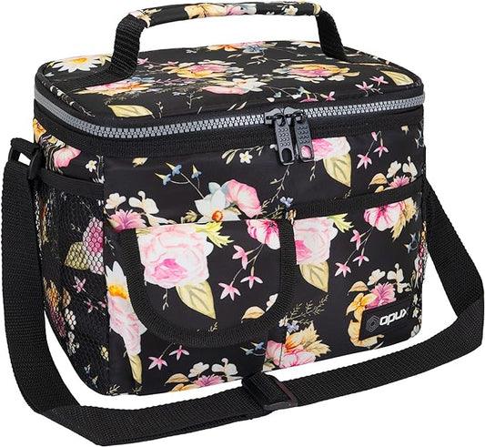 opux Insulated Lunch Bag for Men Women, Leakproof Floral Black Lunch Box for Work, Portable Soft Lunch Cooler Bag with Shoulder Strap, Adult Lunchbox Lunch Pail for Kid Boy Girl School, 14 Can/8L
