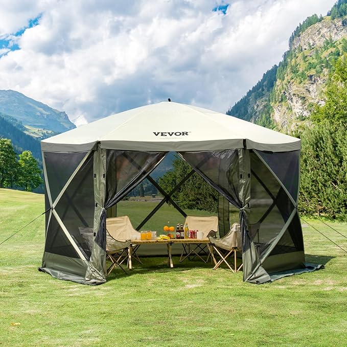 VEVOR Pop Up Gazebo Screen Tent, Instant Gazebo Tent with Mosquito Netting Outdoor Canopy, 6 Sided Sun Shelter 12x12ft w/ 6 Removable Wind Cloths & 2 Mesh Windows, Pavilion Tent for Patio, Army Green