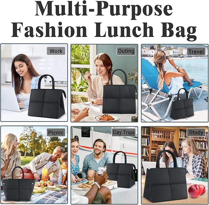 Coobiiya Thickened Leak-proof Lunch Box Lunch Bag Women, Small Insulated Quilted Puffer Lunch Box for Work, Ultralight Reusable Cute Lunch Cooler Tote Bags for Adult, Men, Office, Travel (Black)