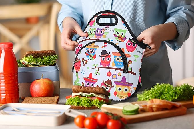 Violet Mist Owl 4 Neoprene Lunch Bag Reusable Insulated Cartoon Meal Holder with Adjustable Shoulder Strap, 12.6"L x 11.8"H x 6.3"W