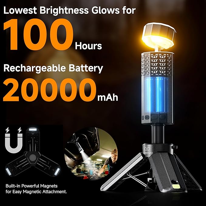 Rechargeable 20000mAh Camping Light, Telescopic Camping Lights, Collapsible Magnetic Camping Lantern with Stand IPX6 Waterproof Flashlights, Camping Lamp for Emergency, Hiking (Black)